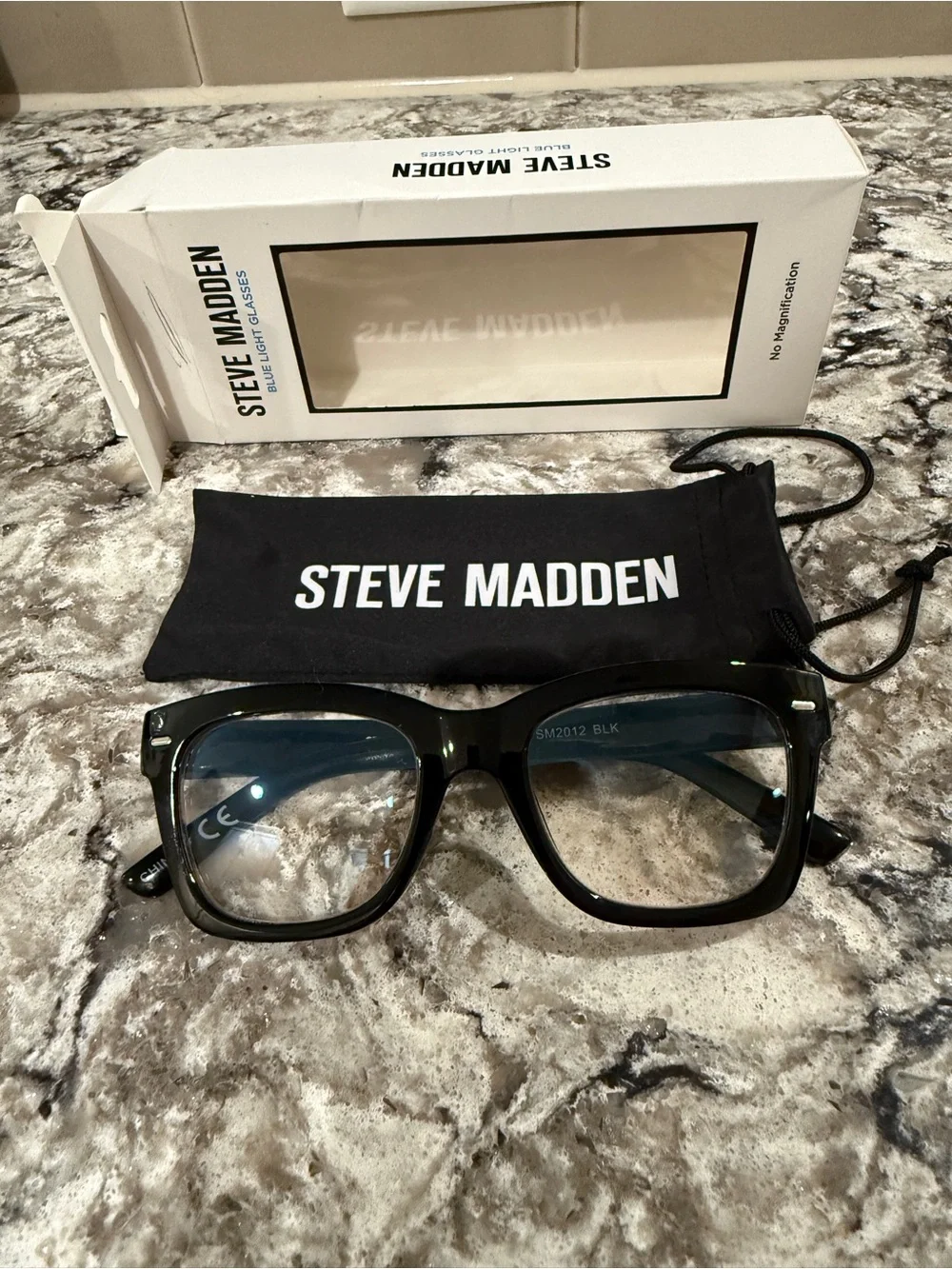 Steve Madden Black Square Blue Light Glasses with Branded Pouch